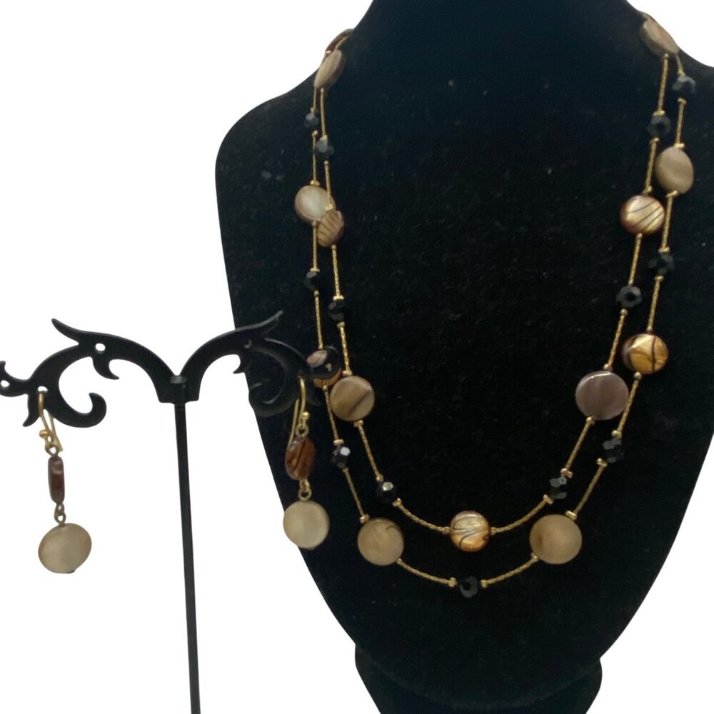 Beaded Station Necklace Earring Set Park Lane Style Unmarked Shell Glass Earthy